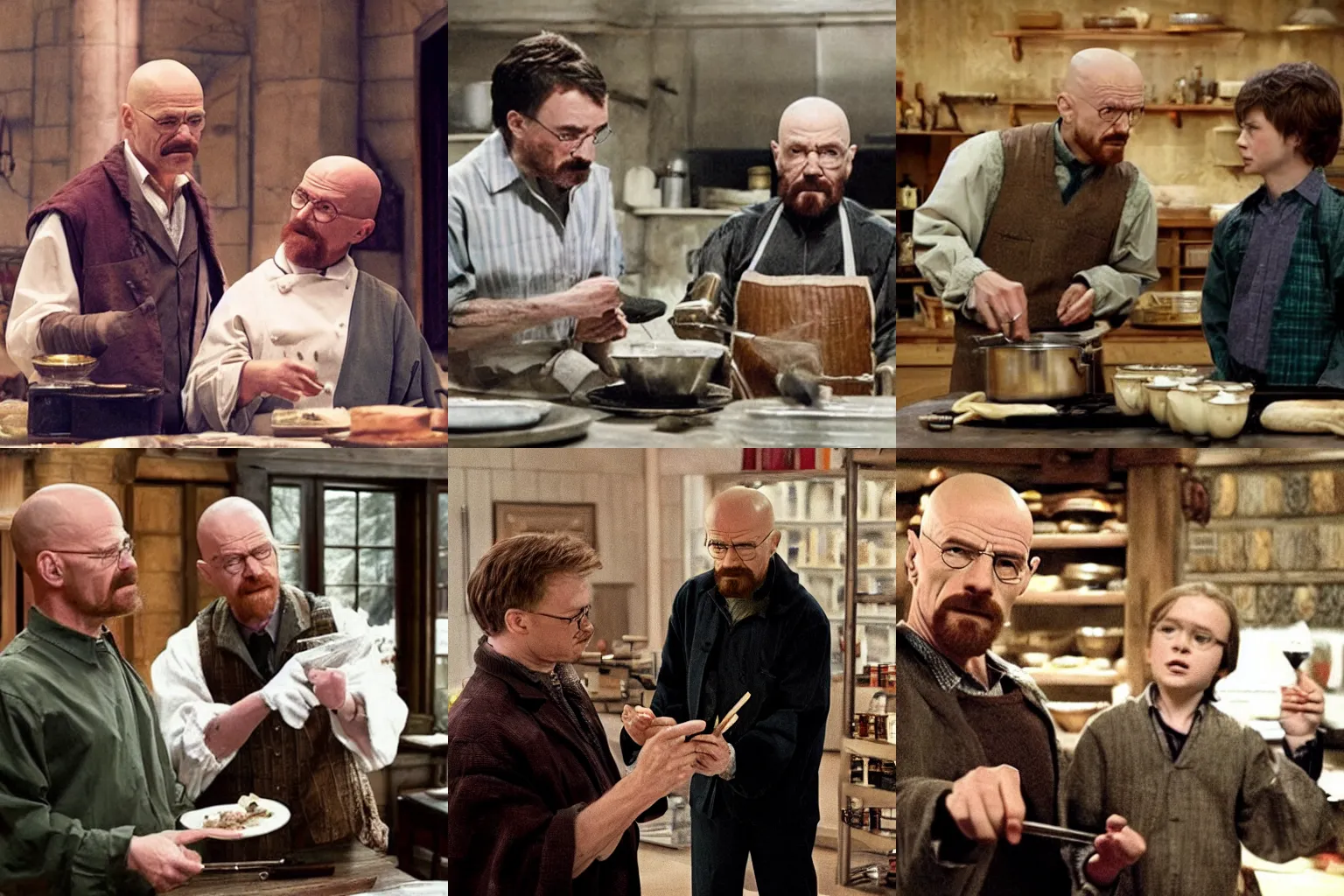 Prompt: Walter White teaching Harry Potter how to cook, still from Harry Potter and the Crystal Meth (2024)