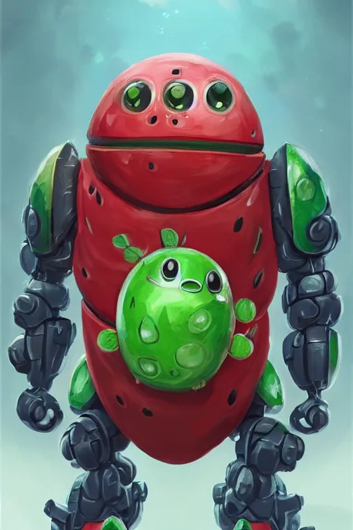 Image similar to cute anthropomorphic watermelon Tachikoma, Tachikoma made of watermelon, tiny, small, miniature Tachikoma, baby watermelon Robot, short, pale blue armor, cute and adorable, pretty, beautiful, DnD character art portrait, matte fantasy painting, cgsociety Artstation, by Jason Felix by Steve Argyle by Tyler Jacobson by Peter Mohrbacher, cinematic lighting