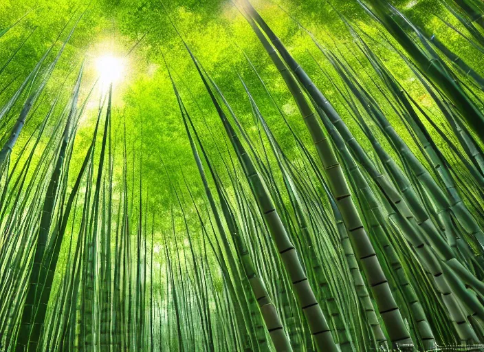 Image similar to beautiful japanese bamboo forest, ground pov, sunny, extreme detail, mid day, realistic lighting, light rays, by studio ghibli, trending on artstation, 4 k, hd