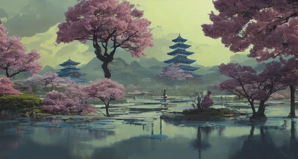 Image similar to Futuristic Japanese landscape with lots of BLUE Sakura blossoms and a temple, center composition, cinematic, rendered by simon stålenhag, rendered by Beeple, Makoto Shinkai, syd meade, environment concept, digital art, starwars, unreal engine, 3 point perspective, WLOP, trending on artstation, low level, 4K UHD image, octane render,