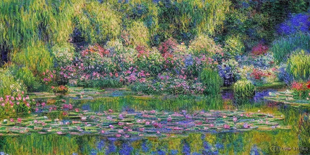 Image similar to serene fairy garden in the style of claude monet, beautiful intricate masterpiece, hyper detailed, hd