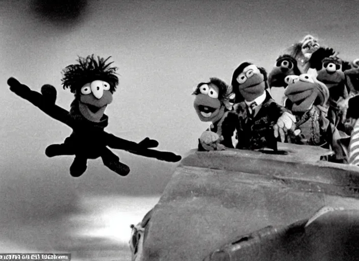 Prompt: dramatic! landing scene from muppet! save private ryan
