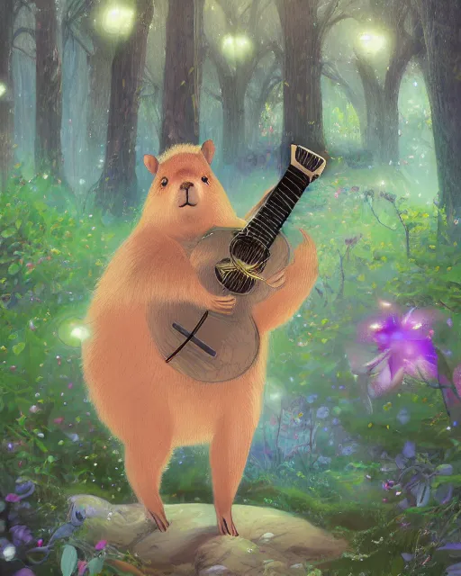 Image similar to Capybara playing Guitar in magical forest, portrait, magical notes, flowers, flower dress, fairy atmosphere, magic the gathering artwork, D&D, fantasy, cinematic lighting, centered, symmetrical, highly detailed, digital painting, artstation, concept art, smooth, sharp focus, illustration, volumetric lighting, epic Composition, 8k, art by Akihiko Yoshida and Greg Rutkowski and Craig Mullins, oil painting, cgsociety