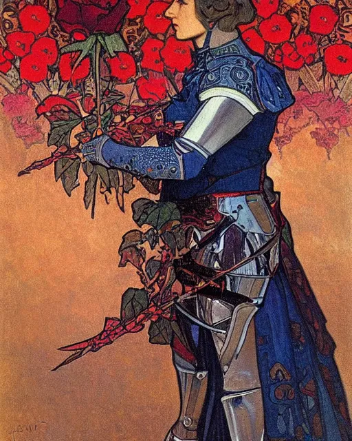 Image similar to A highly realistic painting of a knight with a rose pattern on his armor, red armour with blue pattern, deep moody colors, by Alphonse Mucha, autumn forest