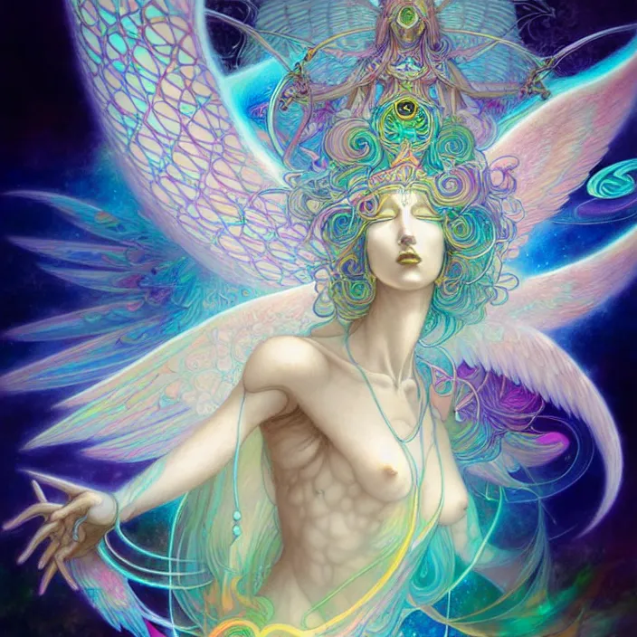 Image similar to psychedelic angelic celestial being by yoshitaka amano, and peter mohrbacher, ayahuasca, sacred geometry, esoteric art, rainbow colors