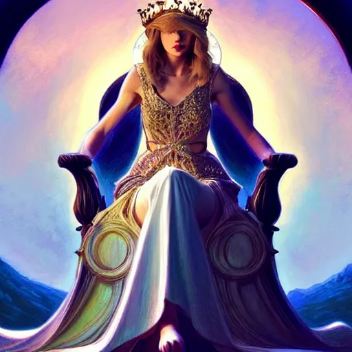 Image similar to Taylor Swift sitting on a majestic throne wearing a crown, D&D style, fantasy, intricate, elegant, highly detailed, digital painting, artstation, concept art, matte, sharp focus, illustration, art by Artgerm and Greg Rutkowski and Alphonse Mucha