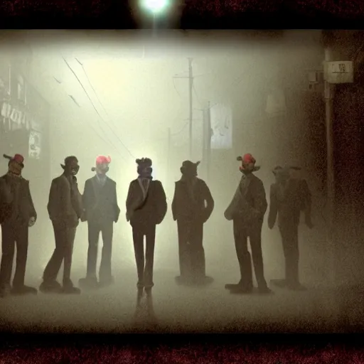 Image similar to a group of men dressed as clowns standing around a tv screen in a dark foggy alley in silent hill