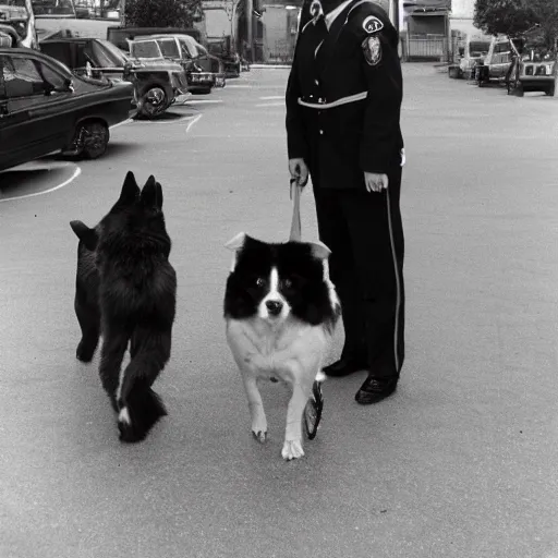 Image similar to A photo of a dog wearing a security guard\'s uniform and cap, 1990