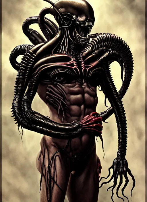 Image similar to ultra realistic, male human xenomorph, dracula, goth, tattoos, leather, fantasy, flesh, bone, body horror, intricate details, eerie, highly detailed, octane render, 8 k, art by artgerm and alphonse mucha and greg rutkowski