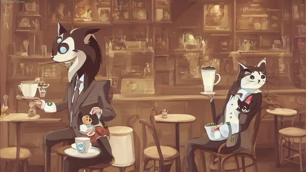 Image similar to a highly detailed portait of a cute little anthropomorphic cat barista wearing a suit in a parisian coffee shop by studio ghibli, tiny, small, cute and adorable, pretty, beautiful, character art portrait, matte painting, Artstation