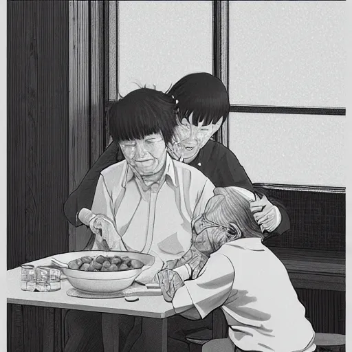 Prompt: very elderly couple tenderly feeding each other eating crayons tenderly feeding each other crayons, in the style of kawase hasui james jean, artstation trending, 8 k, 3 d render, photorealistic, volumetric lighting caustics, black and white, detailed af