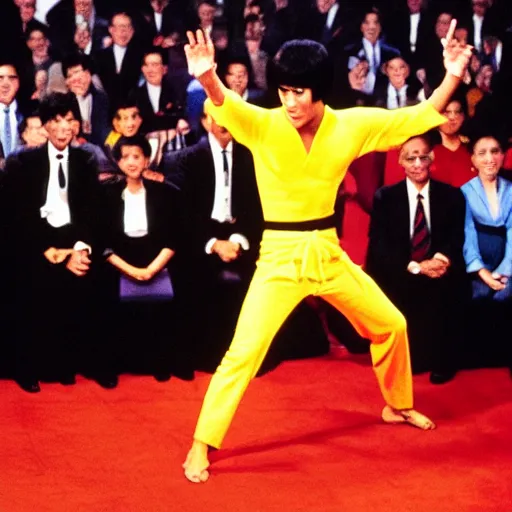 Prompt: bruce lee is president of the united states, wearing a suit, giving a speech, bruce lee, state of the union