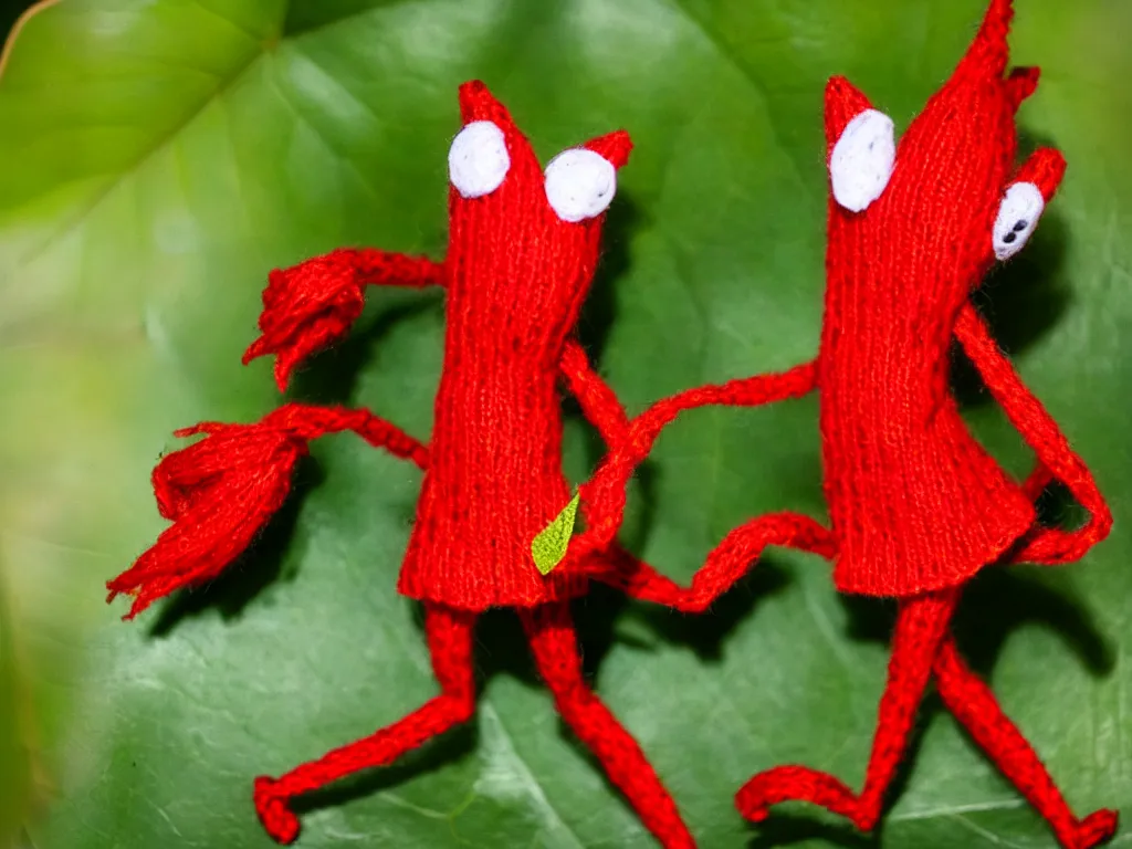 Prompt: a red yarny dancing on a leaf,