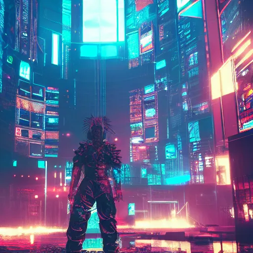 Image similar to cyberpunk god boss fight, photorealistic, octane render, 8 k, extremely detailed