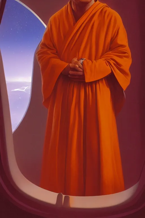 Image similar to portrait of a monk in a spaceship, looking out of a round window at nebula, orange robe, dramatic lighting, artstation, matte painting, ralph mcquarrie