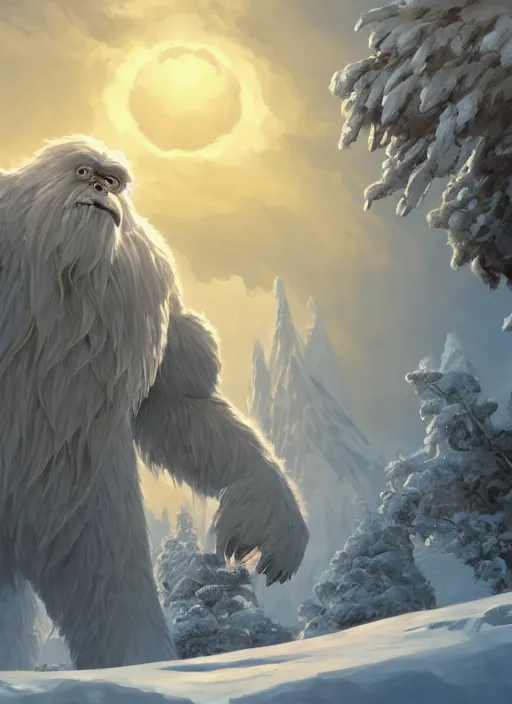 Image similar to giant yeti monster towering over snow covered trees, highly detailed, digital painting, artstation, concept art, matte, sharp focus, illustration, dramatic, cinematic sunset, hearthstone, art by artgerm and greg rutkowski and alphonse mucha
