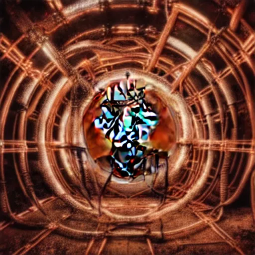 Image similar to The Queen of England inside of a gigantic technological coffin with cables, pipes, and lights all over it, digital photo, futuristic, corroded copper and dirty steel, dimly lit