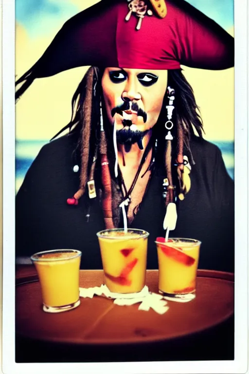 Image similar to Jack Sparrow in a casino, piña colada, realistic photograph, polaroid, film