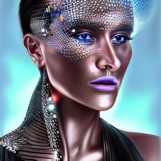 Image similar to hyperrealism mythological portrait of techno goddess, highly detailed, digital painting, illustrations