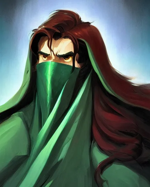 Prompt: a handsome man with dark medium long hair in curtain, he wears a green cape with hood off, game design fanart by concept artist gervasio canda, behance hd by jesper ejsing, by rhads, makoto shinkai and lois van baarle, ilya kuvshinov