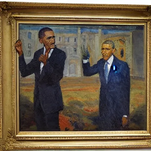 Image similar to obama shouting on skrik munch's painting, museum masterpiece, worth a lot, sothebys