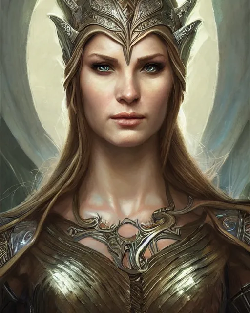 Image similar to female elven warrior portrait | highly detailed | very intricate | symmetrical | cinematic lighting | award - winning | closeup portrait | painted by donato giancola and mandy jurgens and charlie bowater | featured on artstation