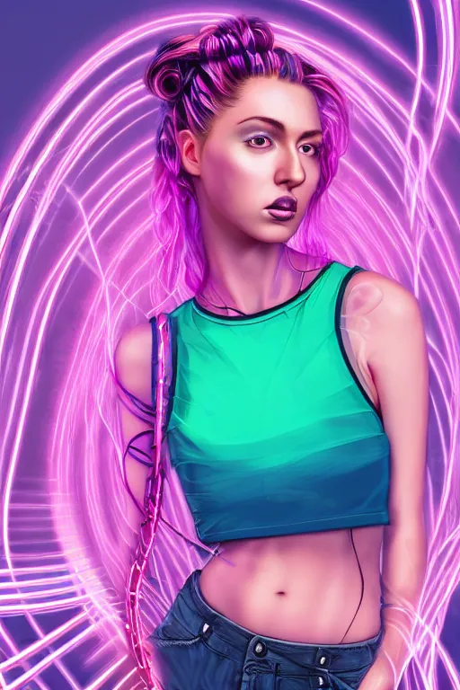 Image similar to a award winning half body portrait of a beautiful woman with stunning eyes in a croptop and cargo pants with ombre purple pink teal hairstyle and hands in pockets by thomas danthony, surrounded by whirling illuminated lines, outrun, vaporware, shaded flat illustration, digital art, trending on artstation, highly detailed, fine detail, intricate