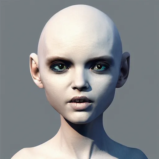 Prompt: cute alien girl, white, bald , futuristic, zbrush, unreal engine, artstation