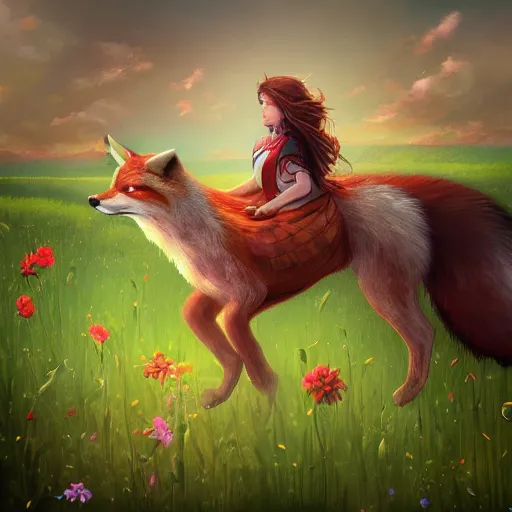 Image similar to girl riding a giant fox in a field of flowers, trending on artstation