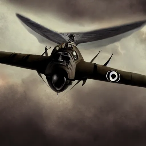 Prompt: a detailed matte painting of a pteridactal flying with nazi messerchmitts in a bombing raid, 8 k, artstation, art in a noir crime novel style