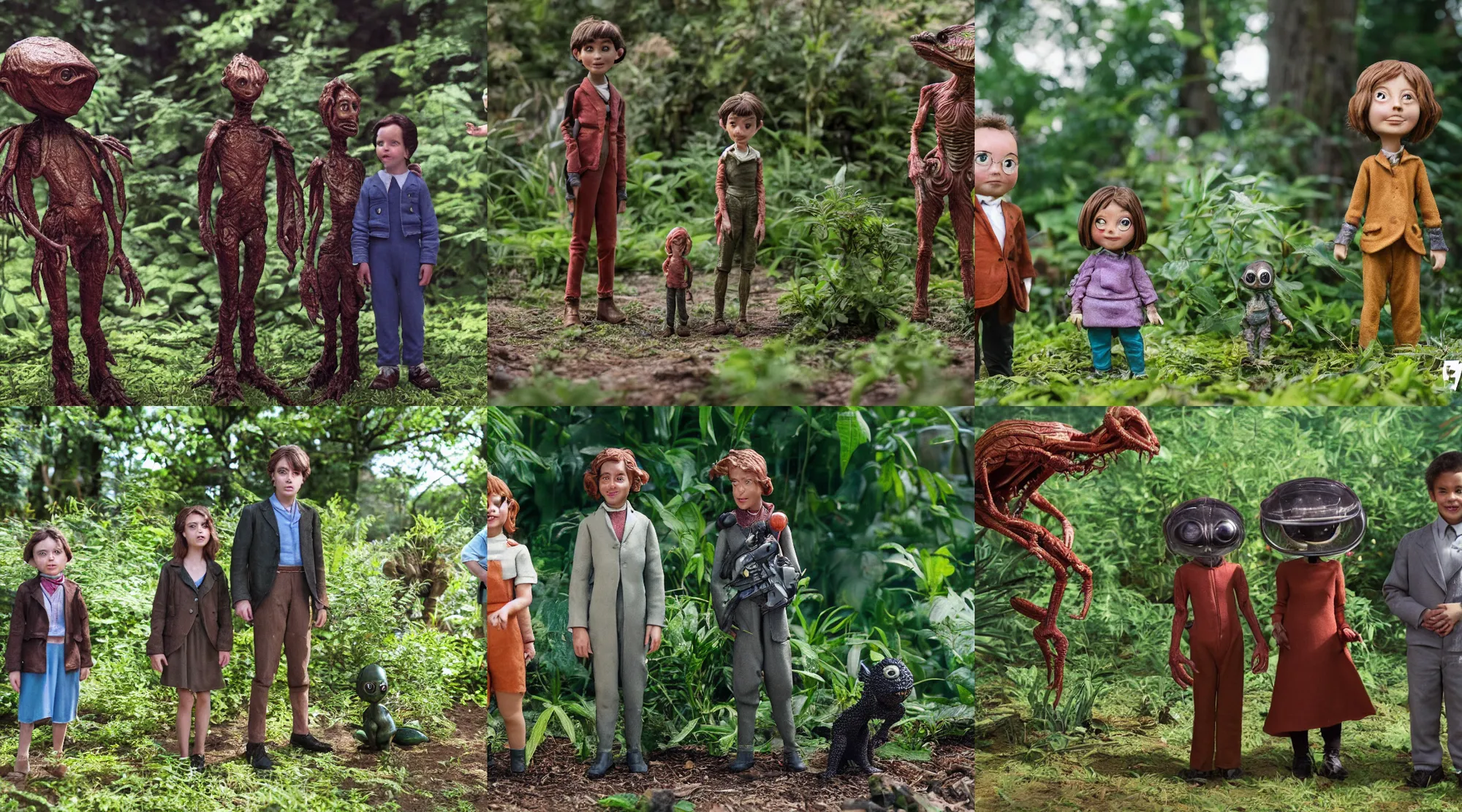 Prompt: detailed, sharp, a girl and a boy standing next to some strange wild alien plants, looking happy, wearing 3140s era clothes, their small pet tiny alien creature is standing nearby, in a park on a strange alien planet, extremely highly detailed, in focus faces, 70mm still from a classic period sci fi color blockbuster movie, 4k, 35mm macro lens, high quality lighting, sharp focus