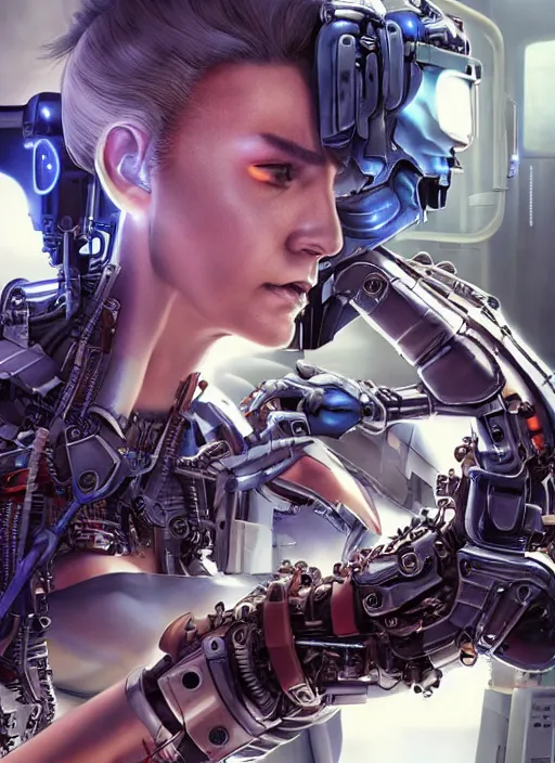 Image similar to cyberpunk,sci-fi, fantasy,Ultra realistic full shot of a cyborg woman under repair ,with mechanical arms that fix it,,Kodak , colour led, soft light, volumetric lighting ,night, intricate, elegant, highly detailed, digital painting, artstation, concept art, smooth, sharp focus, illustration,art by artgerm and greg rutkowski and alphonse mucha