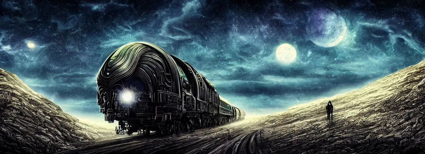 Image similar to long organic alien weird David cronenberg rocket train mountain starry moonlit night sky H.R. Giger, amazing wide landscape digital art 4k