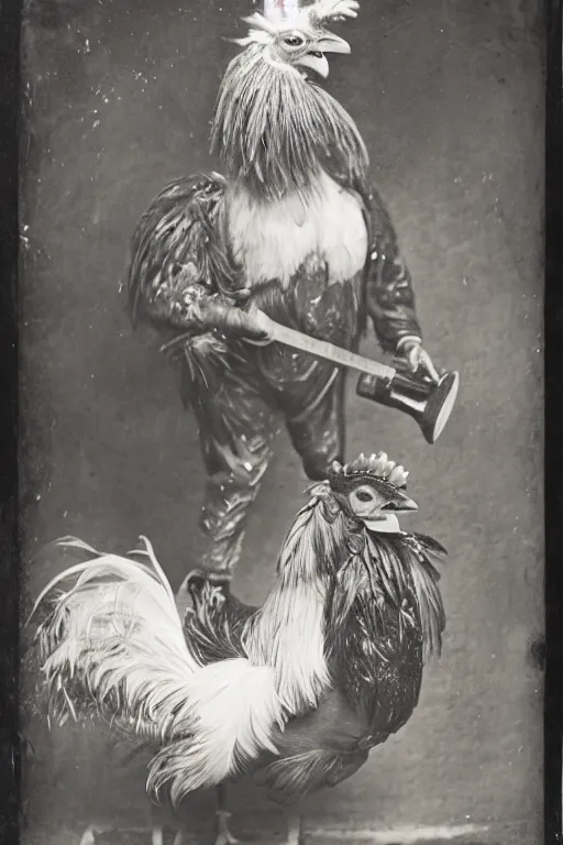 Image similar to a wet plate photo of an anthropomorphic rooster with a lute