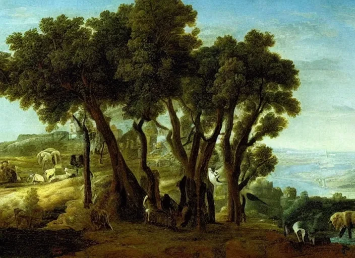 Image similar to highly detailed landscape of the african velt, animals, beautiful, bright atmosphere : claude lorrain