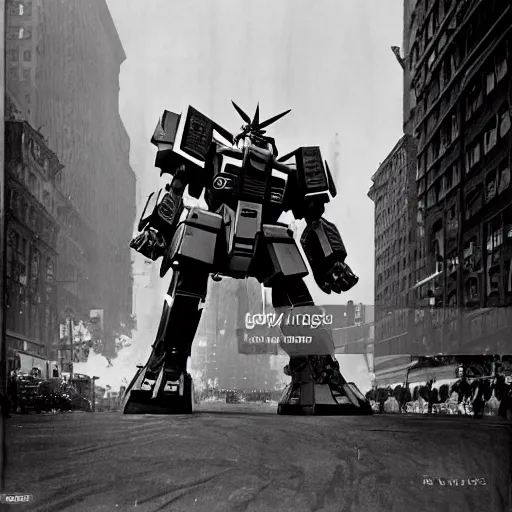 Image similar to old black and white photo, 1 9 1 3, depicting a diesel gundam rampaging through the bustling streets of new york city, historical record