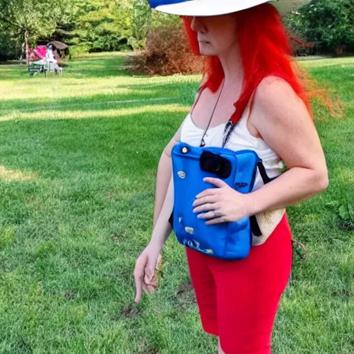 Image similar to DJ at a party, DJ is a red headed woman and is wearing a straw hat and a fanny pack