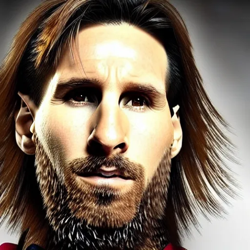 Prompt: Close-up portrait of Lionel Messi, long silver hair with a long beard, big nose, wearing a barca cape, katsuhiro tomo