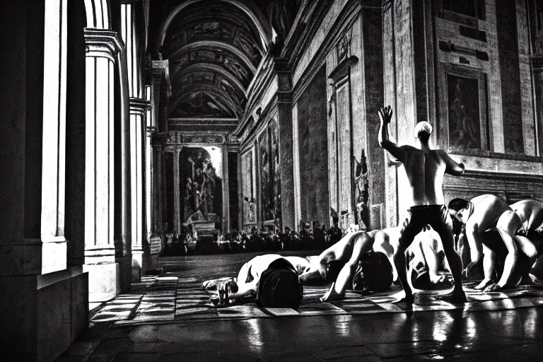 Image similar to dark scene at the vatican, pope performing an exercism ritual, moody atmosphere, 3 5 mm, hyper detailed,