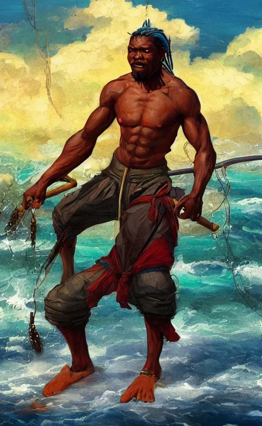 Image similar to character concept of a singular Jamaican fisherman posing in a battle stance in the Jamaican sea, colors of Jamaica, full-body character concept, cinematic, by Ross Tran and Artgerm and Peter Mohrbacher