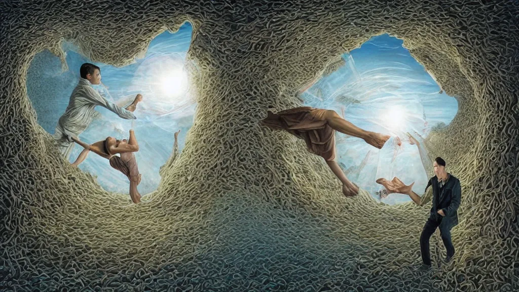 Image similar to birth of a psion surrealist art in the styles of igor morski, jim warren, and rob gonsalves, intricate, hyperrealistic, volumetric lighting