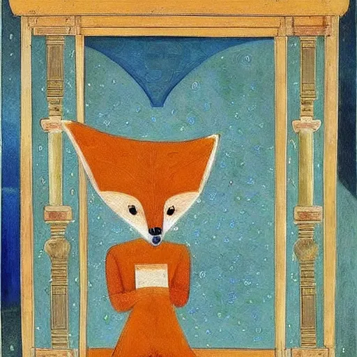 Image similar to An anthropomorphic fox in a silk robe sitting inside a lavish mosque, beautiful painting