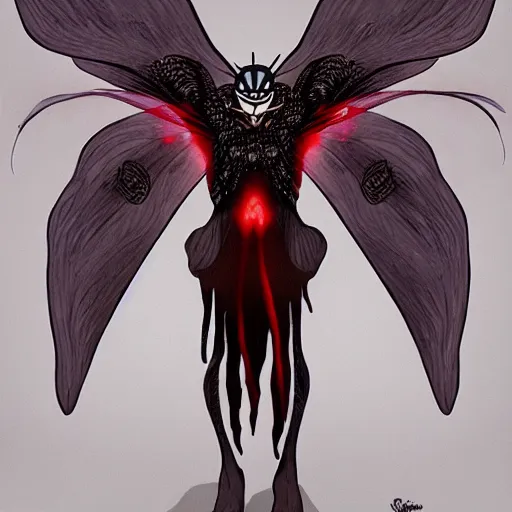 Image similar to 4K headshot of mothman with a mushroom hat and rouch clothes with giant wings , intricate face , flawless anime cel animation by Manabu Oshashi and Satoshi Kon, professionally post-processed , beautiful, scary, symmetry accurate features, epic, octane rendered, anime masterpiece, accurate