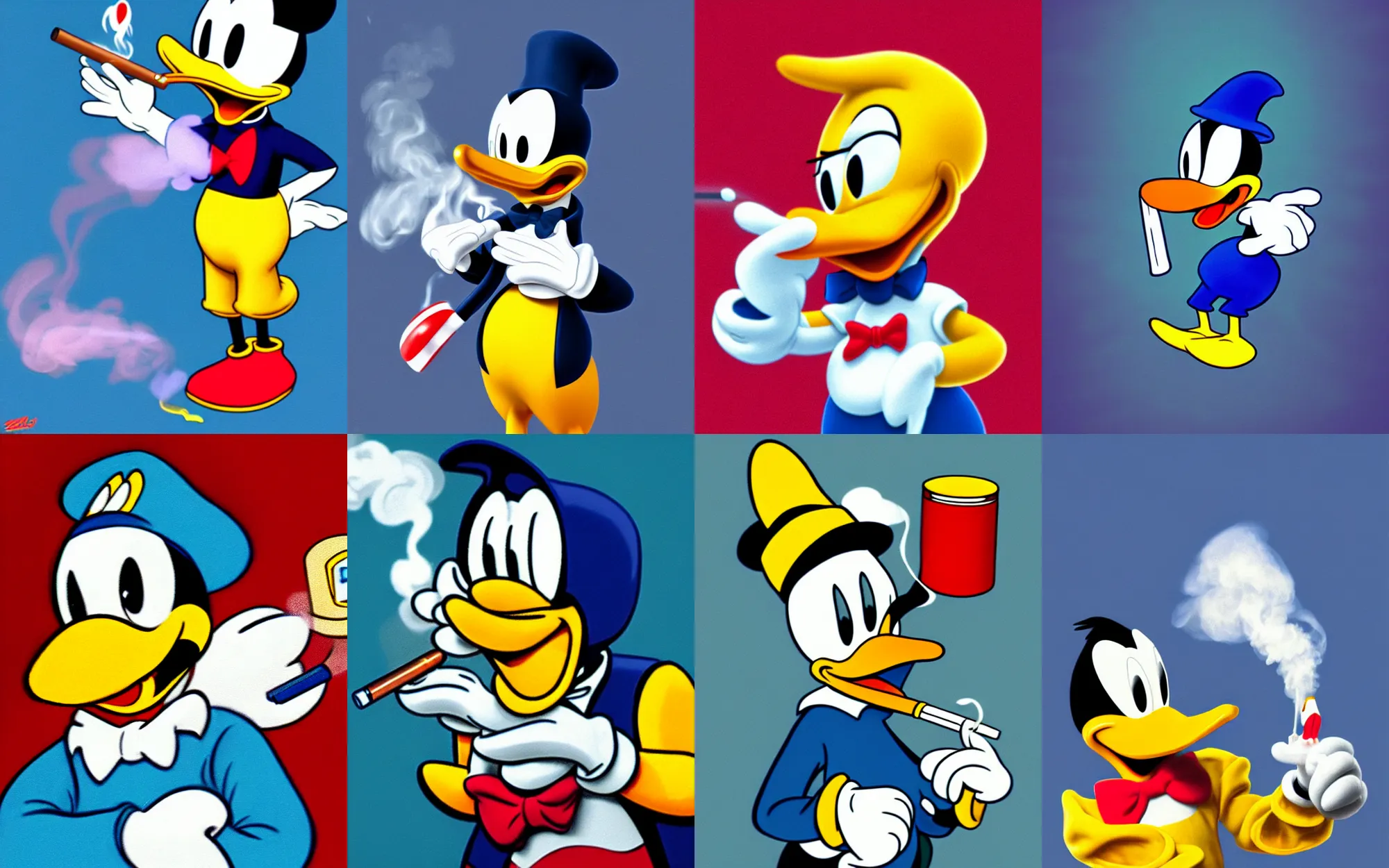 Prompt: sad donald duck smoking joint, smoke, dope, high, disney, render, original, cute, highly detailed, realistic, concept art, acid background