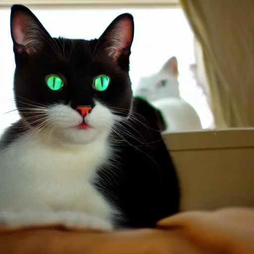 Image similar to [white cat, green eyes], left in the picture, [black cat, yellow eyes], right in the picture