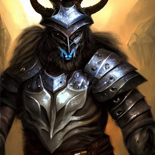 Prompt: dungeons & dragons avatar, fantasy concept art, portrait of a male minotaur fighter with black fur and plate armor, large and muscly build, helmet with large horns, nose ring, scars, in the style of ruan jia, dark lighting, blue black background, high detail, 8 k,
