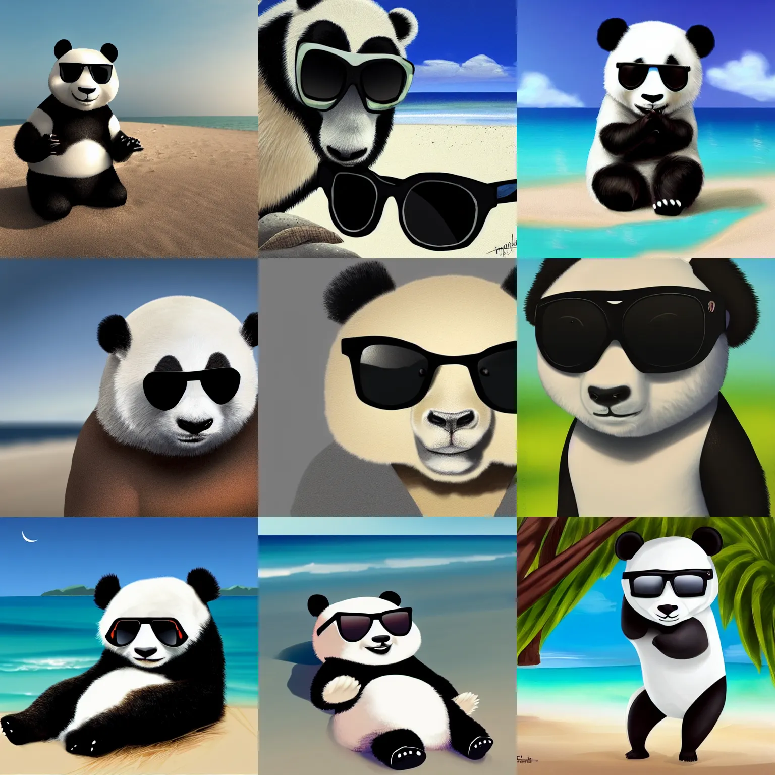 Prompt: a panda wearing sunglasses on the beach, trending on artstation, digital art