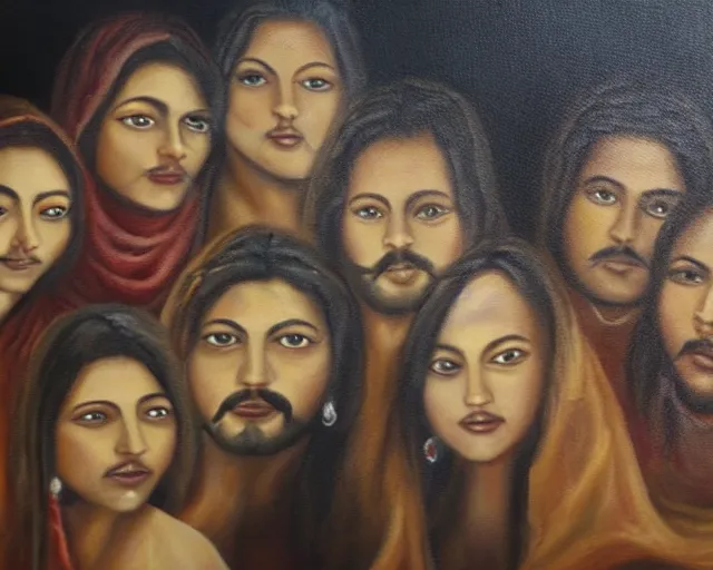 Prompt: beautiful oil painting of a brown man and his 7 wives in the afterlife.