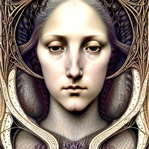 Image similar to detailed realistic beautiful young medieval queen face portrait by jean delville, gustave dore, iris van herpen and marco mazzoni, art forms of nature by ernst haeckel, art nouveau, symbolist, visionary, gothic, neo - gothic, pre - raphaelite, fractal lace, intricate alien botanicals, ai biodiversity, intricate hyper detailed ultra sharp octane render