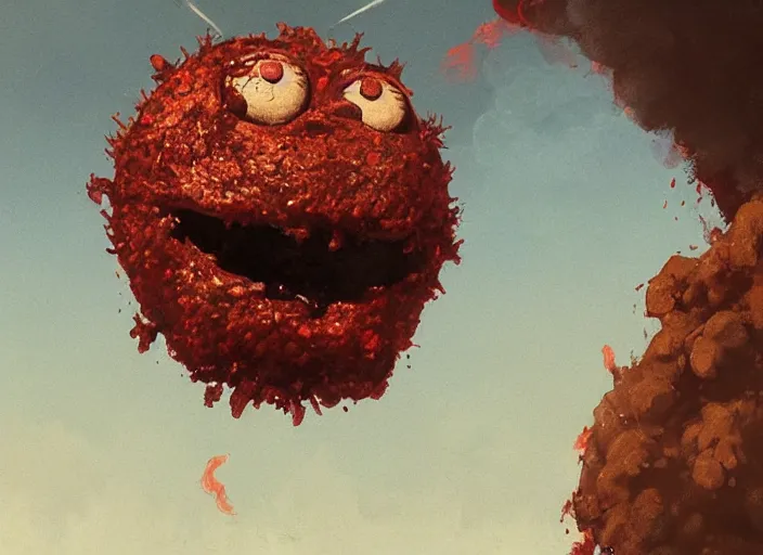 Image similar to close up cinematic artwork of meatwad staring down the enemy on the battlefield by Greg Rutkowski, 4k, masterpiece